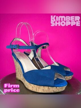 Nine West Big Easy Blue Leather Cork Wedge Peep Toe Sandal US 8 UK 6.5 EU 38.5